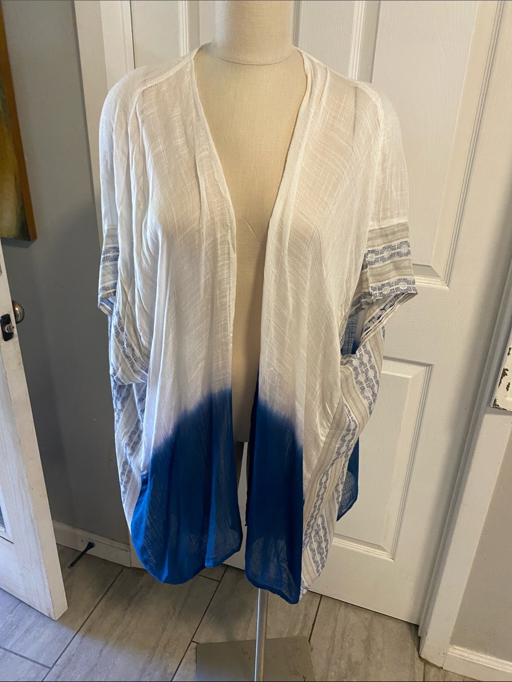 Sonoma White and Blue Open-Front Kimono Cardigan